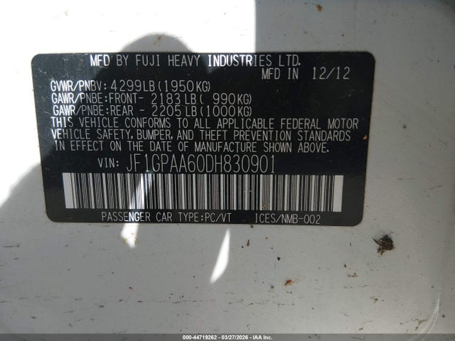 Aukcja sprzedaży 2013 Subaru Impreza Wagon 2.0i, vin: JF1GPAA60DH830901, numer aukcji: 44719262