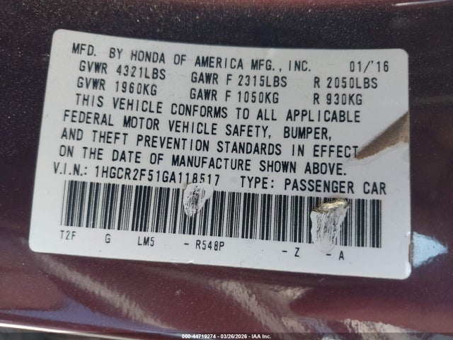 1HGCR2F51GA118517 Honda Accord Sport