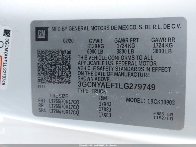 44719281 :رقم المزاد ، 3GCNYAEF1LG279749 vin ، 2020 Chevrolet Silverado 1500 4wd  Long Bed Wt مزاد بيع