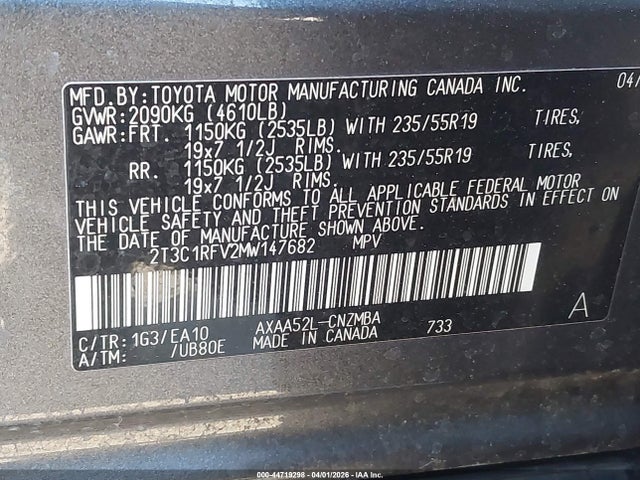 Aukcja sprzedaży 2021 Toyota Rav4 Xle Premium, vin: 2T3C1RFV2MW147682, numer aukcji: 44719298