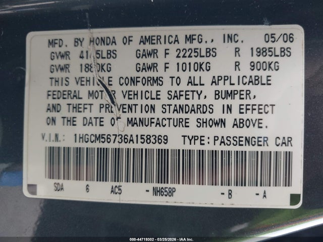 2006 Honda Accord 2.4 Ex მანქანა იყიდება აუქციონზე, vin: 1HGCM56736A158369, აუქციონის ნომერი: 44719302