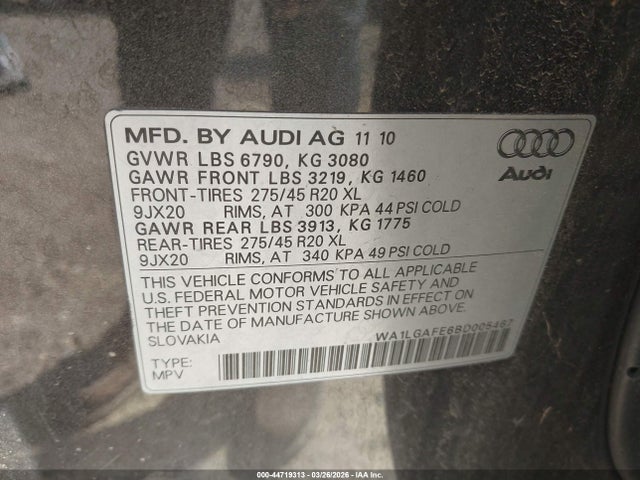 2011 Audi Q7 3.0t Premium მანქანა იყიდება აუქციონზე, vin: WA1LGAFE6BD005467, აუქციონის ნომერი: 44719313