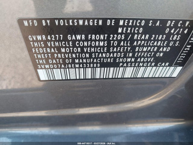 44719317 :رقم المزاد ، 3VWD07AJ8EM433889 vin ، 2014 Volkswagen Jetta 1.8t Se مزاد بيع