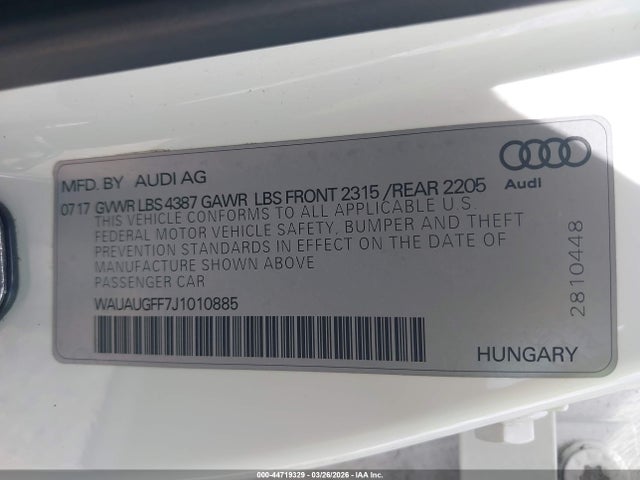 44719329 :رقم المزاد ، WAUAUGFF7J1010885 vin ، 2018 Audi A3 2.0t Premium/2.0t Tech Premium مزاد بيع