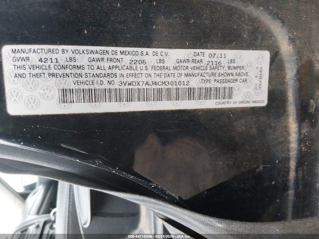 2012 Volkswagen Jetta 2.5l Se მანქანა იყიდება აუქციონზე, vin: 3VWDX7AJ4CM301012, აუქციონის ნომერი: 44719346