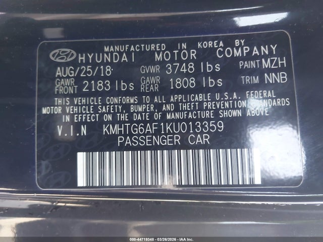 Aukcja sprzedaży 2019 Hyundai Veloster 2.0, vin: KMHTG6AF1KU013359, numer aukcji: 44719348
