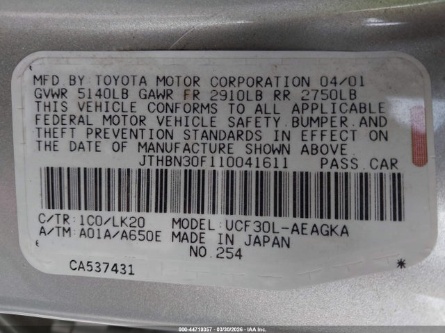 2001 Lexus Ls 430 მანქანა იყიდება აუქციონზე, vin: JTHBN30F110041611, აუქციონის ნომერი: 44719357