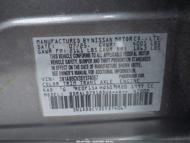 3N1AB8CV3SY374067 Nissan SENTRA SV