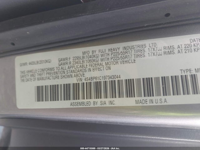 2009 Subaru Outback 2.5i მანქანა იყიდება აუქციონზე, vin: 4S4BP61C197343044, აუქციონის ნომერი: 44719369