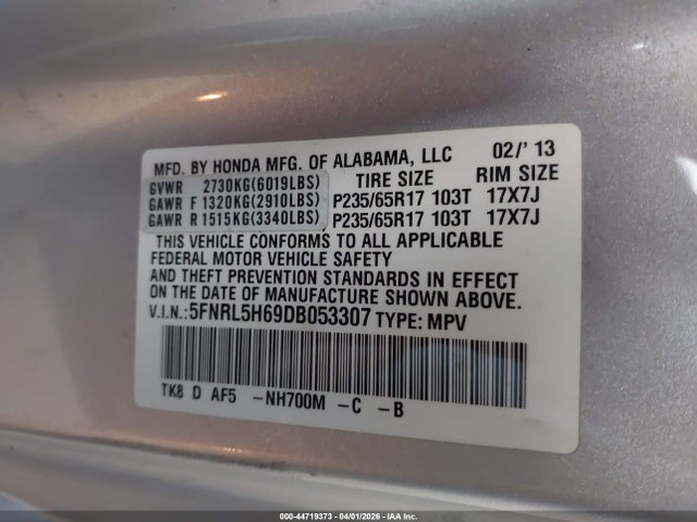 44719373 :رقم المزاد ، 5FNRL5H69DB053307 vin ، 2013 Honda Odyssey Ex-l مزاد بيع