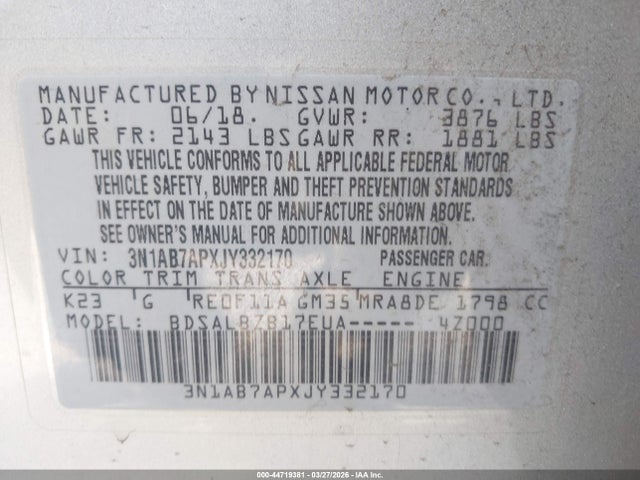 3N1AB7APXJY332170 Nissan SENTRA S