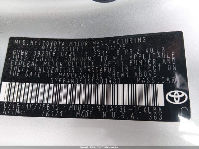 Aukcja sprzedaży 2025 Toyota Corolla Le, vin: 5YFB4MDE1SP301430, numer aukcji: 44719395