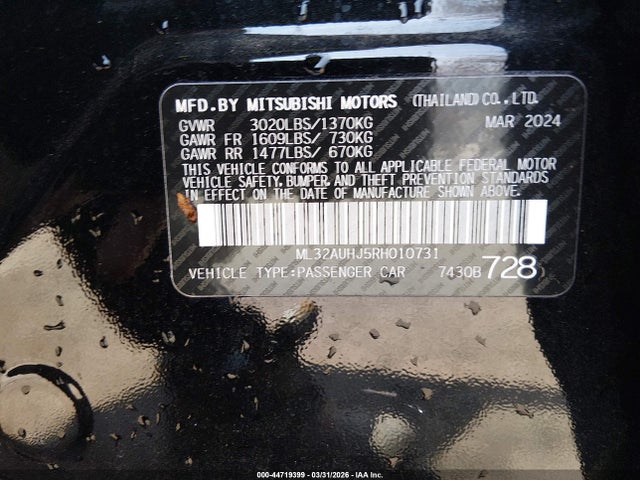 Aukcja sprzedaży 2024 Mitsubishi Mirage Es/le, vin: ML32AUHJ5RH010731, numer aukcji: 44719399