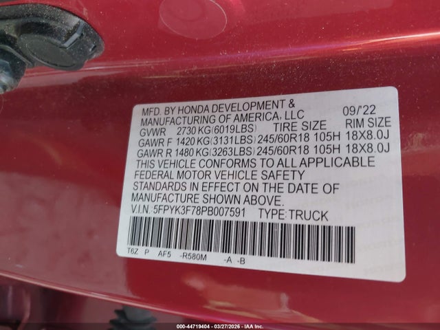 Продажа на аукционе авто 2023 Honda Ridgeline Rtl-e, vin: 5FPYK3F78PB007591, номер лота: 44719404