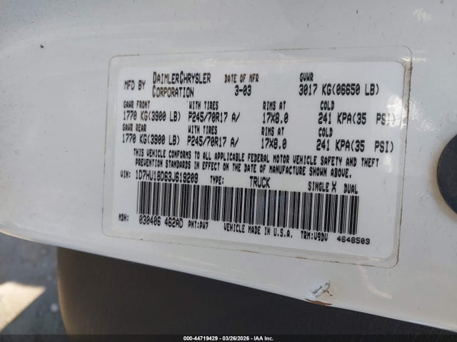 Продажа на аукционе авто 2003 Dodge Ram 1500 Slt/laramie/st, vin: 1D7HU18D63J619209, номер лота: 44719429