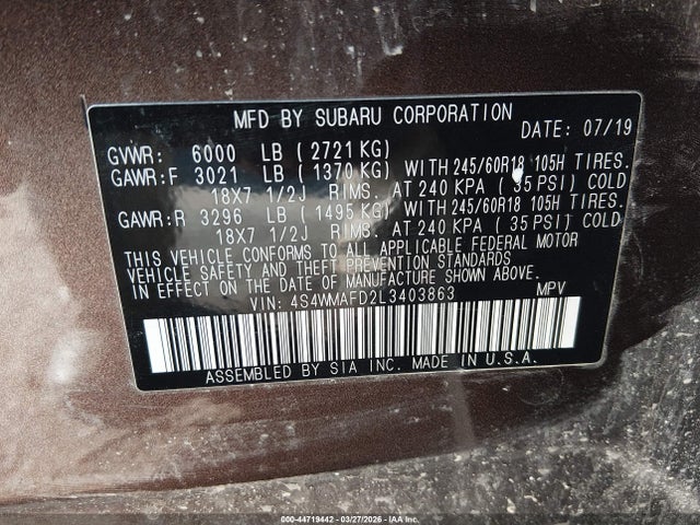 Продаж на аукціоні авто 2020 Subaru Ascent Premium, vin: 4S4WMAFD2L3403863, номер лоту: 44719442