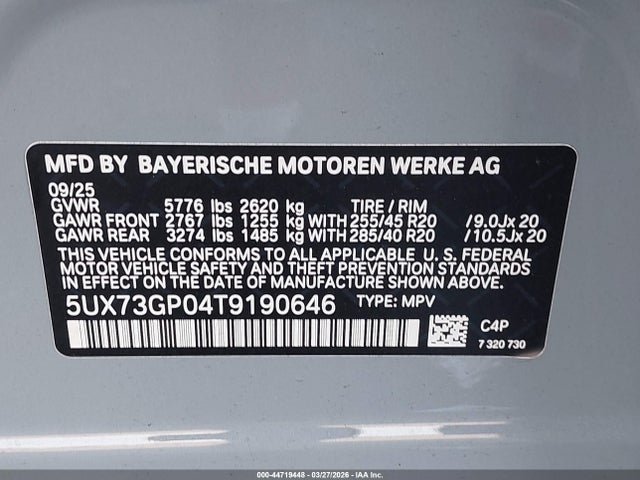 2026 Bmw X3 M50 Xdrive მანქანა იყიდება აუქციონზე, vin: 5UX73GP04T9190646, აუქციონის ნომერი: 44719448