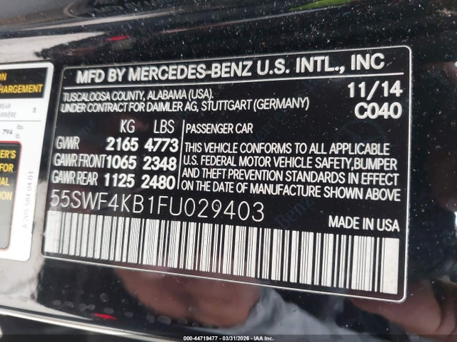 44719477 :رقم المزاد ، 55SWF4KB1FU029403 vin ، 2015 Mercedes-benz C 300 4matic مزاد بيع