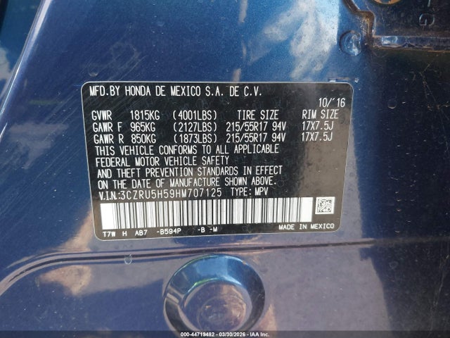 3CZRU5H59HM707125 Honda HR-V EX