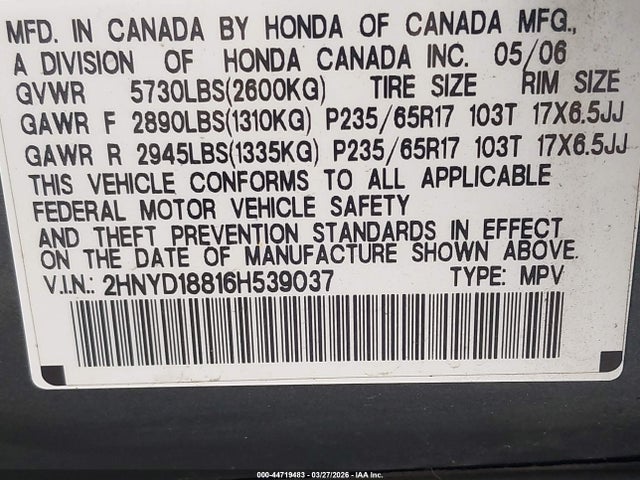 Продажа на аукционе авто 2006 Acura Mdx, vin: 2HNYD18816H539037, номер лота: 44719483
