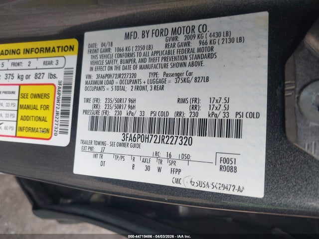 Продаж на аукціоні авто 2018 Ford Fusion Se, vin: 3FA6P0H72JR227320, номер лоту: 44719486