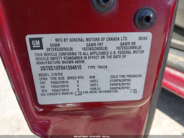 Продаж на аукціоні авто 2004 Gmc Sierra 1500 Sle, vin: 2GTEC19T641394615, номер лоту: 44719504