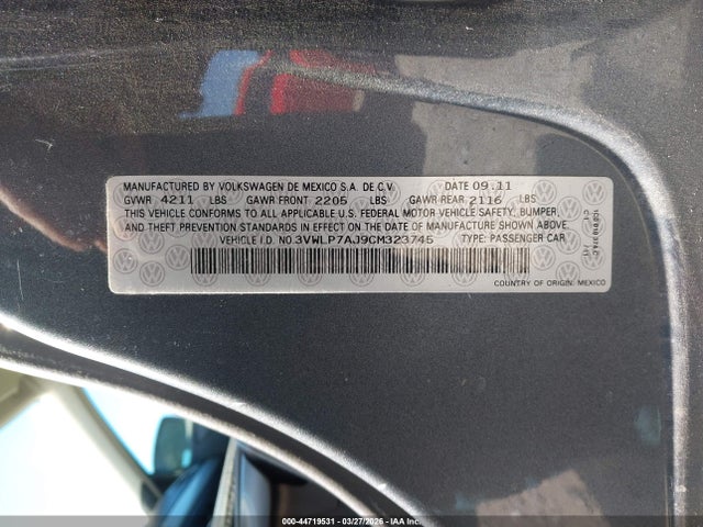 44719531 :رقم المزاد ، 3VWLP7AJ9CM323745 vin ، 2012 Volkswagen Jetta 2.5l Sel مزاد بيع