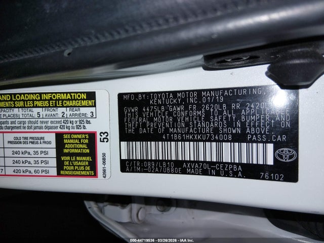 4T1B61HKXKU734008 Toyota CAMRY XSE