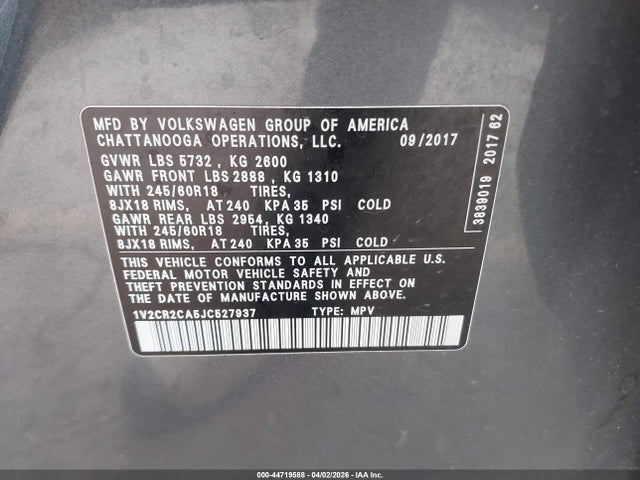 1V2CR2CA5JC527937 Volkswagen Atlas 3.6l V6 Se
