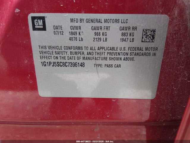 Продаж на аукціоні авто 2012 Chevrolet Cruze Eco, vin: 1G1PJ5SC8C7396148, номер лоту: 44719623