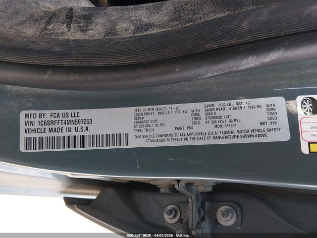 2021 Ram 1500 მანქანა იყიდება აუქციონზე, vin: 1C6SRFFT4MN597253, აუქციონის ნომერი: 44719630