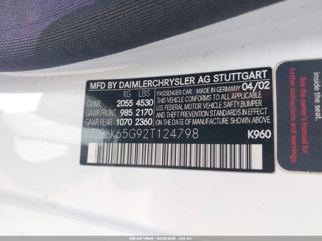 44719640 :رقم المزاد ، WDBLK65G92T124798 vin ، 2002 Mercedes-benz Clk 320 مزاد بيع