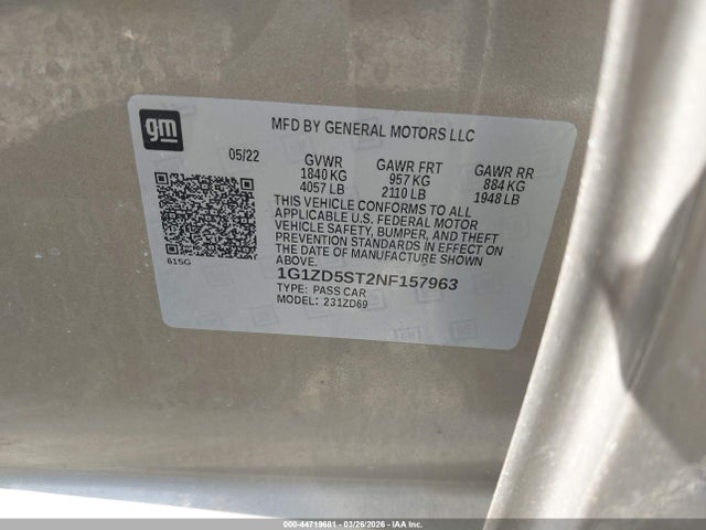 Aukcja sprzedaży 2022 Chevrolet Malibu Fwd Lt, vin: 1G1ZD5ST2NF157963, numer aukcji: 44719681