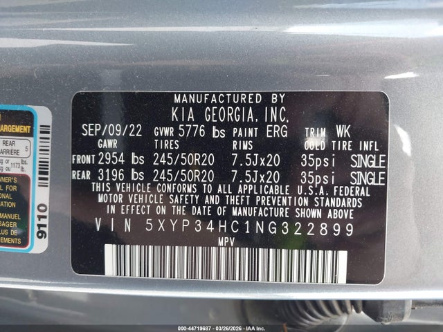 Продажа на аукционе авто 2022 Kia Telluride Ex, vin: 5XYP34HC1NG322899, номер лота: 44719687