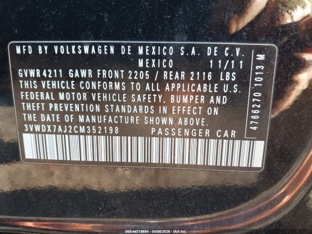 44719694 :رقم المزاد ، 3VWDX7AJ2CM352198 vin ، 2012 Volkswagen Jetta 2.5l Se مزاد بيع