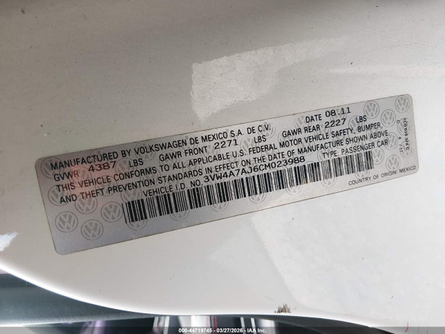 44719745 :رقم المزاد ، 3VW4A7AJ6CM023988 vin ، 2012 Volkswagen Jetta Gli مزاد بيع