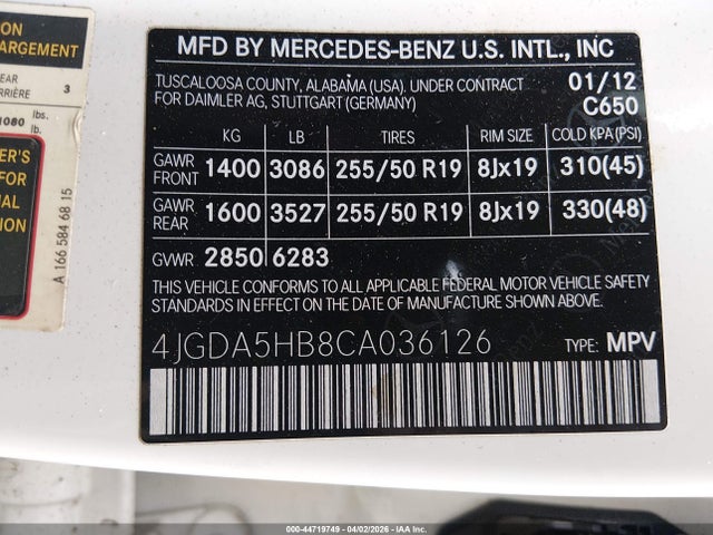 2012 Mercedes-benz Ml 350 4matic მანქანა იყიდება აუქციონზე, vin: 4JGDA5HB8CA036126, აუქციონის ნომერი: 44719749