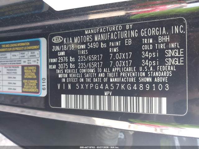 44719763 :رقم المزاد ، 5XYPG4A57KG489103 vin ، 2019 Kia Sorento 3.3l Lx مزاد بيع