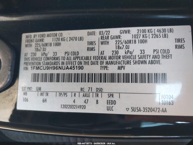 1FMCU9H96NUA45190 Ford ESCAPE SEL