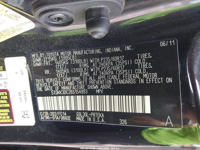 44719785 :رقم المزاد ، 5TDKK3DC2BS154993 vin ، 2011 Toyota Sienna Le V6 مزاد بيع