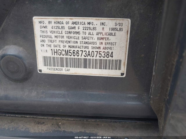 44719827 :رقم المزاد ، 1HGCM56673A075384 vin ، 2003 Honda Accord 2.4 Ex مزاد بيع