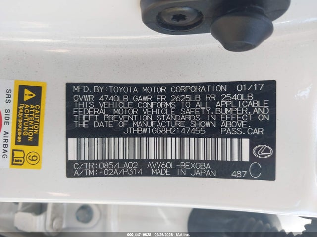 Aukcja sprzedaży 2017 Lexus Es 300h, vin: JTHBW1GG8H2147455, numer aukcji: 44719828