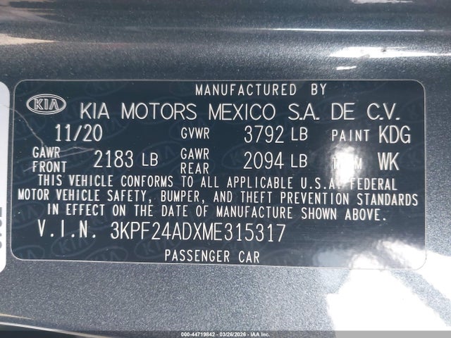 3KPF24ADXME315317 KIA Forte Lxs