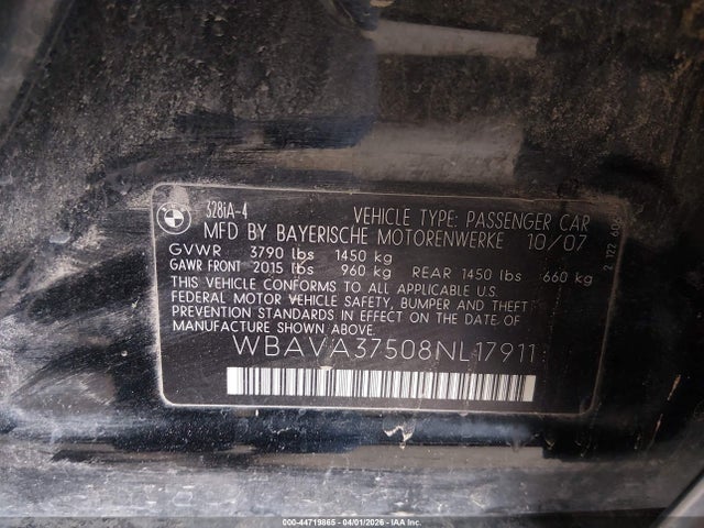 2008 Bmw 328i მანქანა იყიდება აუქციონზე, vin: WBAVA37508NL17911, აუქციონის ნომერი: 44719865
