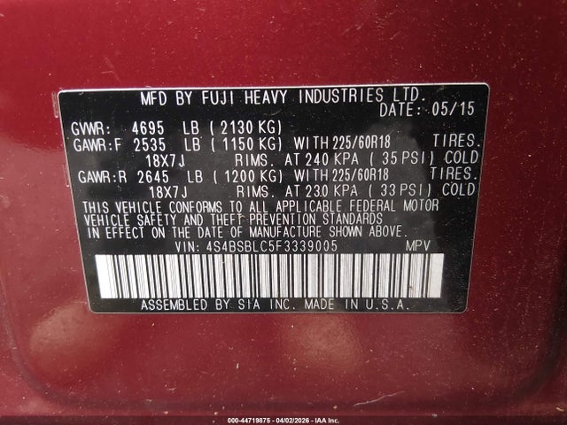 44719875 :رقم المزاد ، 4S4BSBLC5F3339005 vin ، 2015 Subaru Outback 2.5i Limited مزاد بيع
