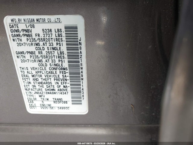 2009 Nissan Murano Le მანქანა იყიდება აუქციონზე, vin: JN8AZ18W49W114347, აუქციონის ნომერი: 44719878