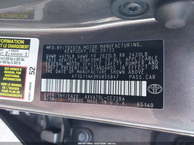 2024 Toyota Camry Se მანქანა იყიდება აუქციონზე, vin: 4T1G11AK9RU855847, აუქციონის ნომერი: 44719904