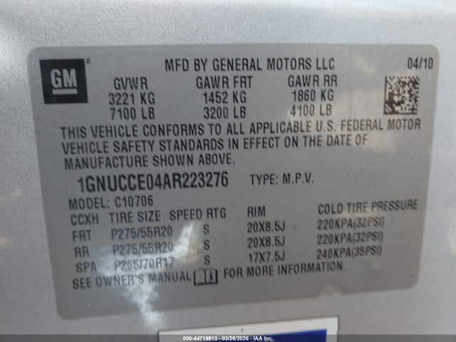 Продаж на аукціоні авто 2010 Chevrolet Tahoe Ltz, vin: 1GNUCCE04AR223276, номер лоту: 44719913
