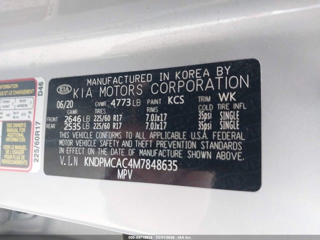 44719926 :رقم المزاد ، KNDPMCAC4M7848635 vin ، 2021 Kia Sportage Lx مزاد بيع