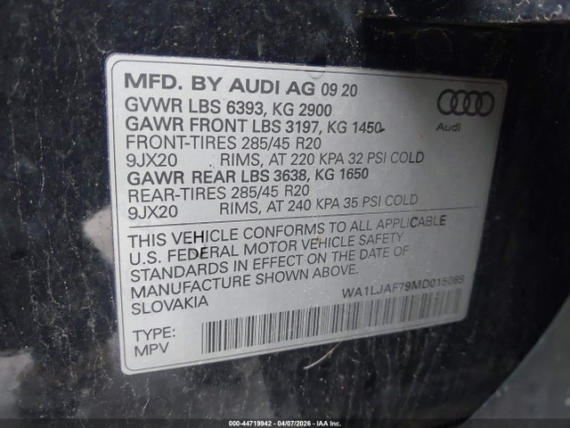 44719942 :رقم المزاد ، WA1LJAF79MD015089 vin ، 2021 Audi Q7 Premium Plus 45 Tfsi Quattro Tiptronic مزاد بيع